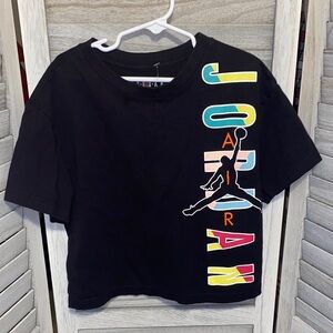 Jordan Kids Black Cropped Tee with Multicolor Graphic